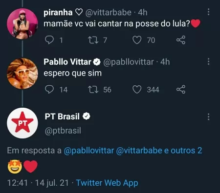 Tweet Pabllo Vittar posse Lula - Reproduo - Reproduo