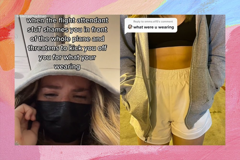 Prints do TikTok de uma garota usando um capuz cinza e uma mscara de proteo preta chorando sentada no assento do avio Ao lado foto da roupa que ela vestida um short branco um top preto e uma jaqueta cinza