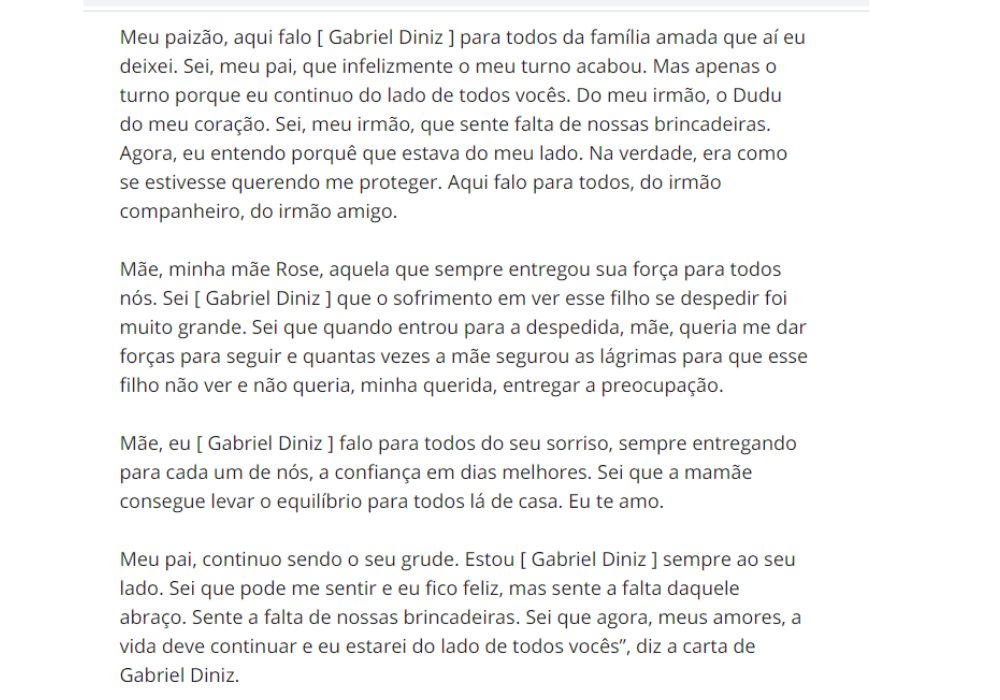 Carta psicografada de Gabriel Diniz Fonte TV Foco