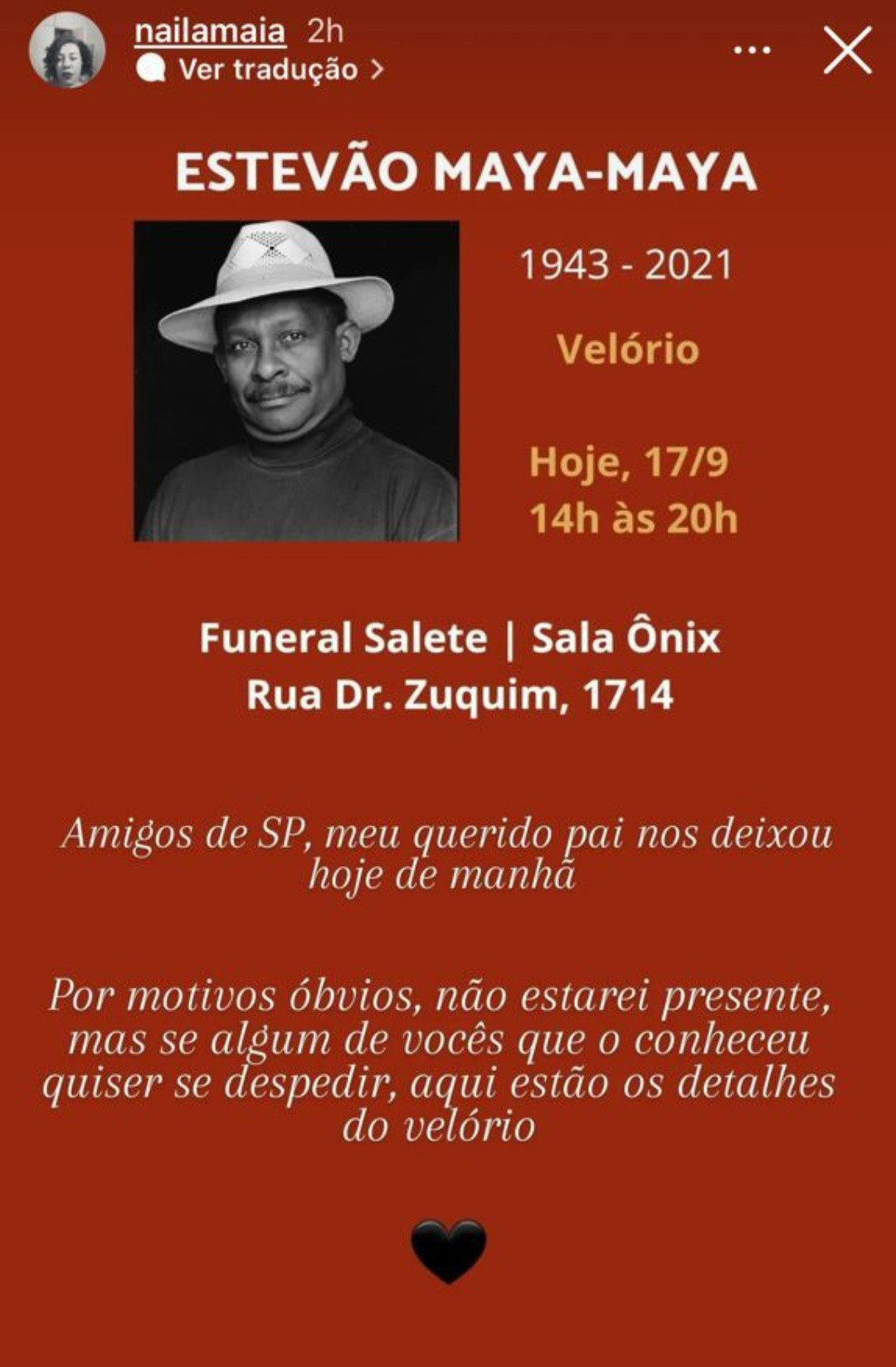 Filha de Estevo Maya-Maya anuncia morte do pai Foto Reproduo Instagram 