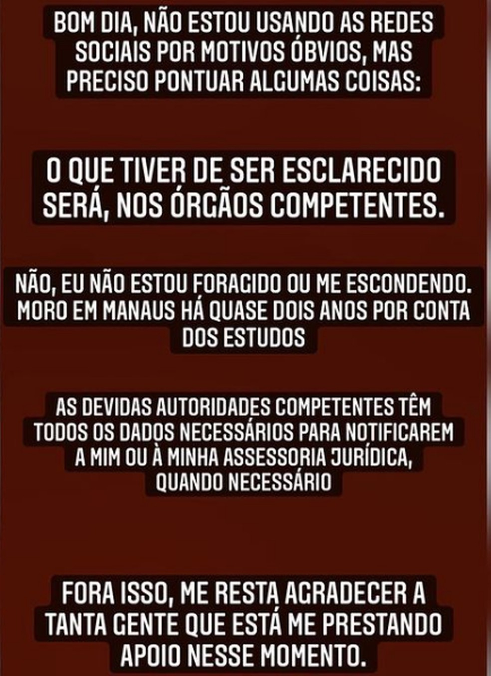 Mensagem do estudante de medicina aps divulgao da denncia de supostos abusos Foto Reproduo rede social