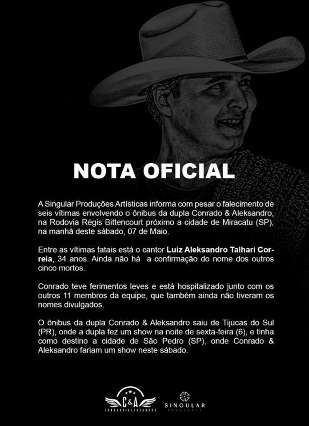 Perfil da dupla sertaneja Conrado Aleksandro emitiu uma nota oficial aps acidente nas redes sociais Foto InstagramReproduo