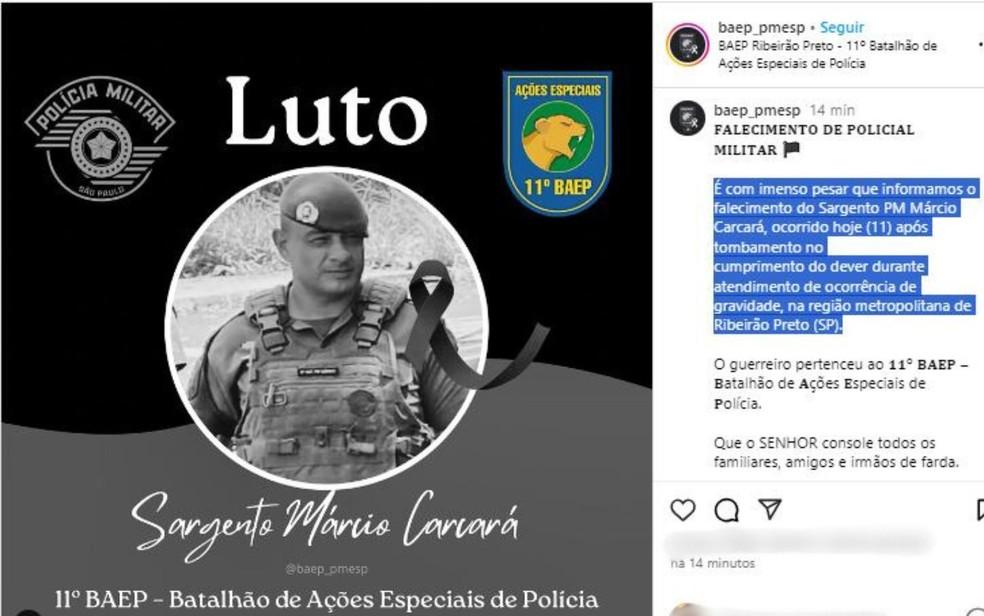 PM confirma morte de sargento do 11 Baep Mrcio Carcar aps atendimento de ocorrncia na regio de Ribeiro Preto SP Foto Reproduo Redes sociais