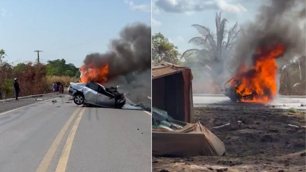 Quatro pessoas morrem em acidente entre carro e caminho bitrem na BR-343 em Angical do Piau Foto Reproduo