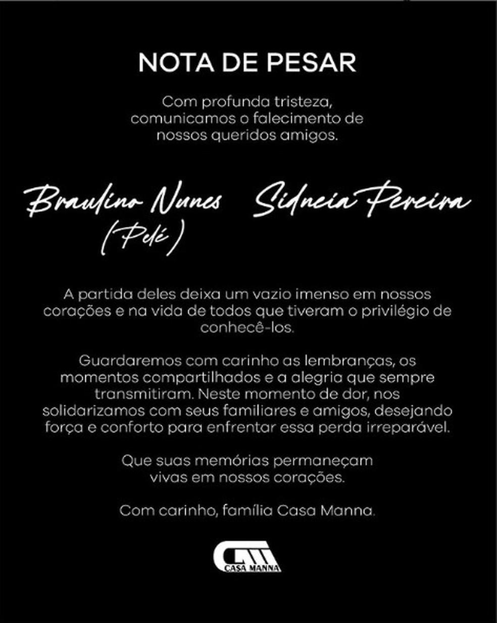 Nota de pesar Braulino e Sidneia Campina Verde Foto Casa MannaDivulgao