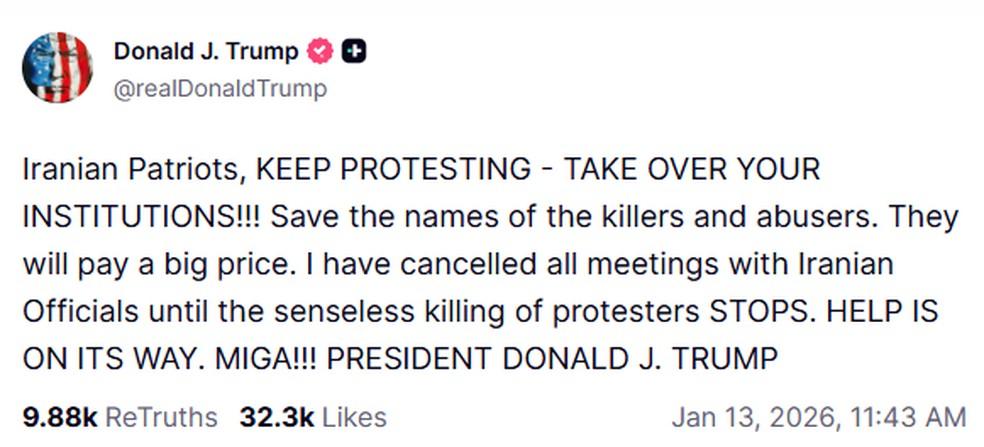 Trump pede que manifestantes no Ir sigam protestando e diz que a ajuda est a caminho em 13 de janeiro de 2025 Foto ReproduoDonald Trump no Truth Social