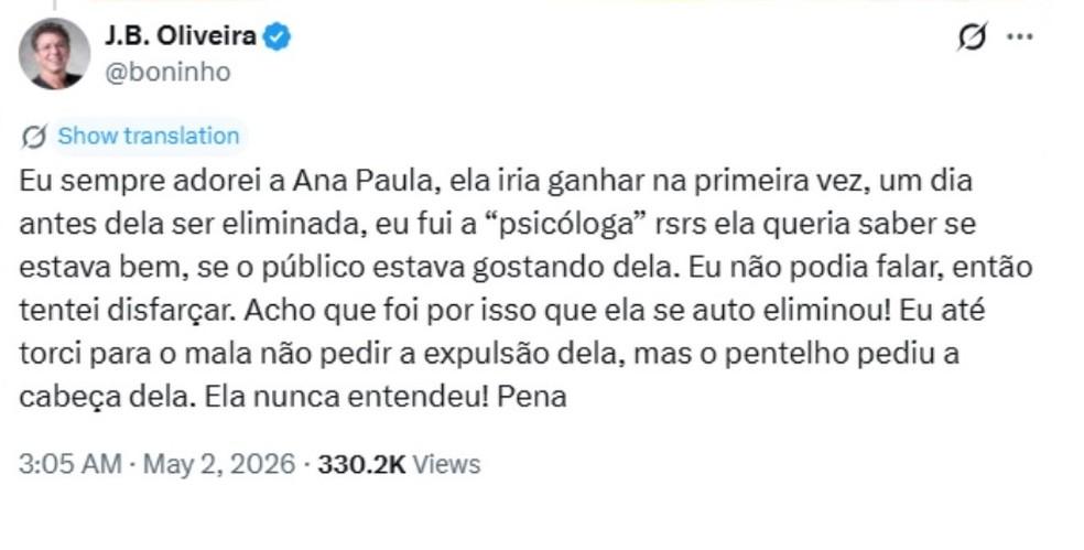 Boninho quebra silncio sobre Ana Paula Renault Foto reproduo X