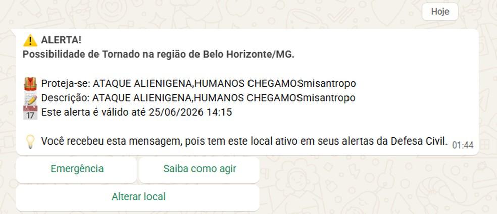 Mensagem recebida por moradores de Belo Horizonte MG na madrugada deste sbado Foto Reproduo