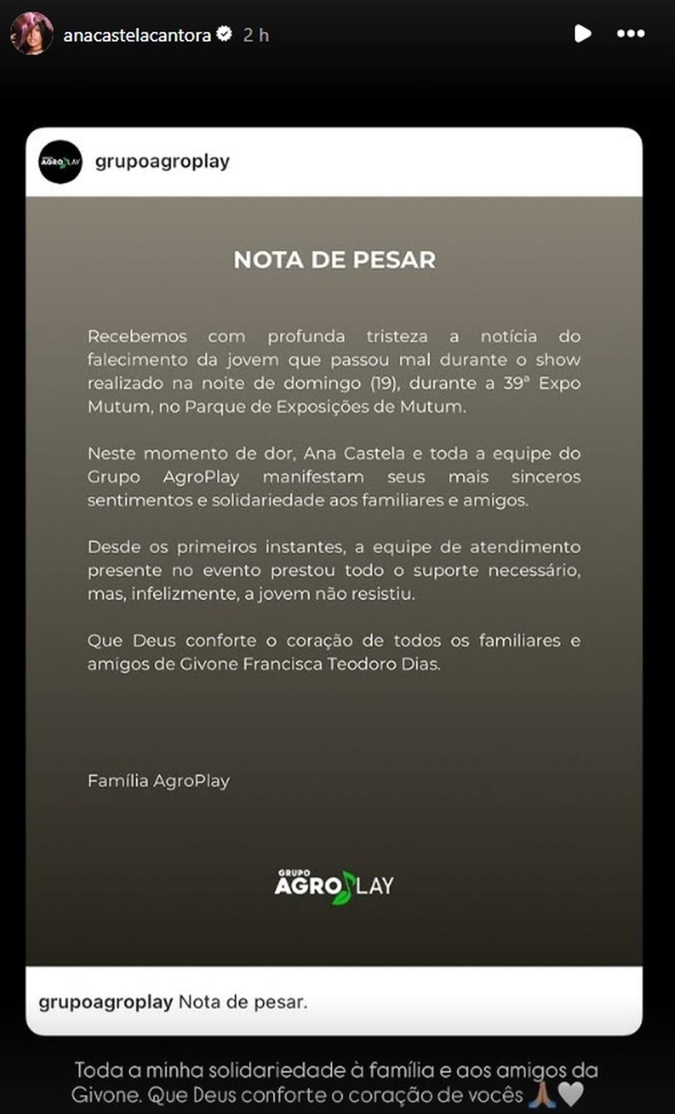 Ana Castela prestou solidariedade aos familiares e amigos de f que sofreu mal sbito Foto Reproduo Instagram